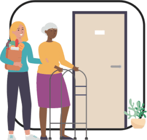 Young woman carrying groceries for elderly woman