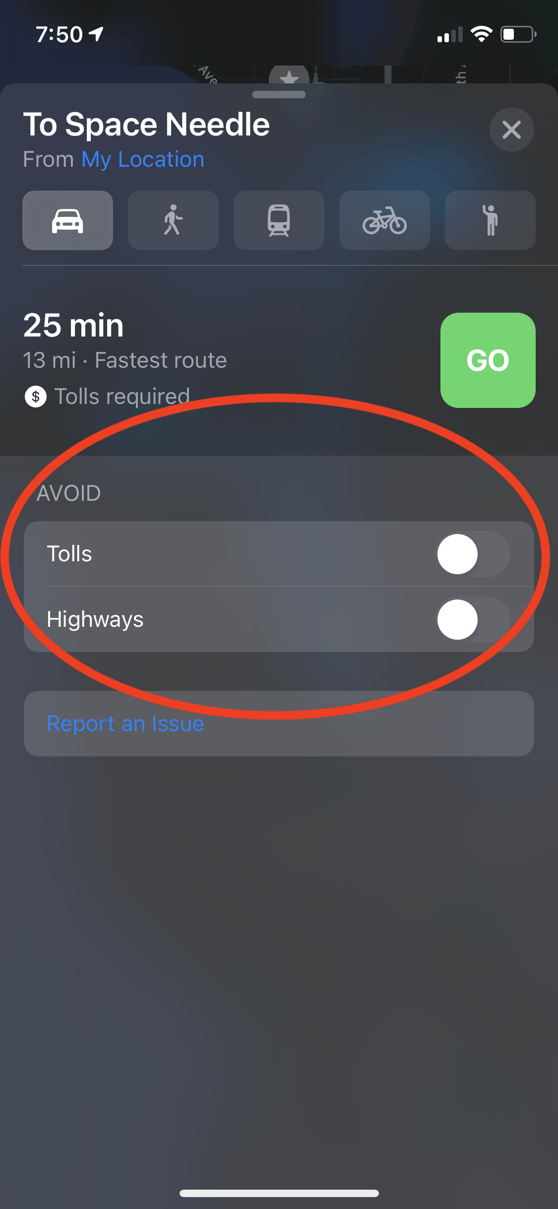 Avoid tolls or highways - Apple Maps